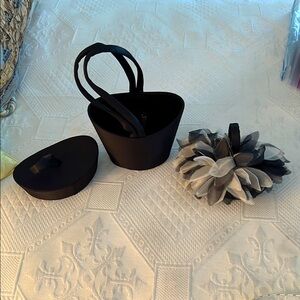 SMALL BLACK SATIN EVENING BAG WITH TWO TOPS TO CHOOSE FROM